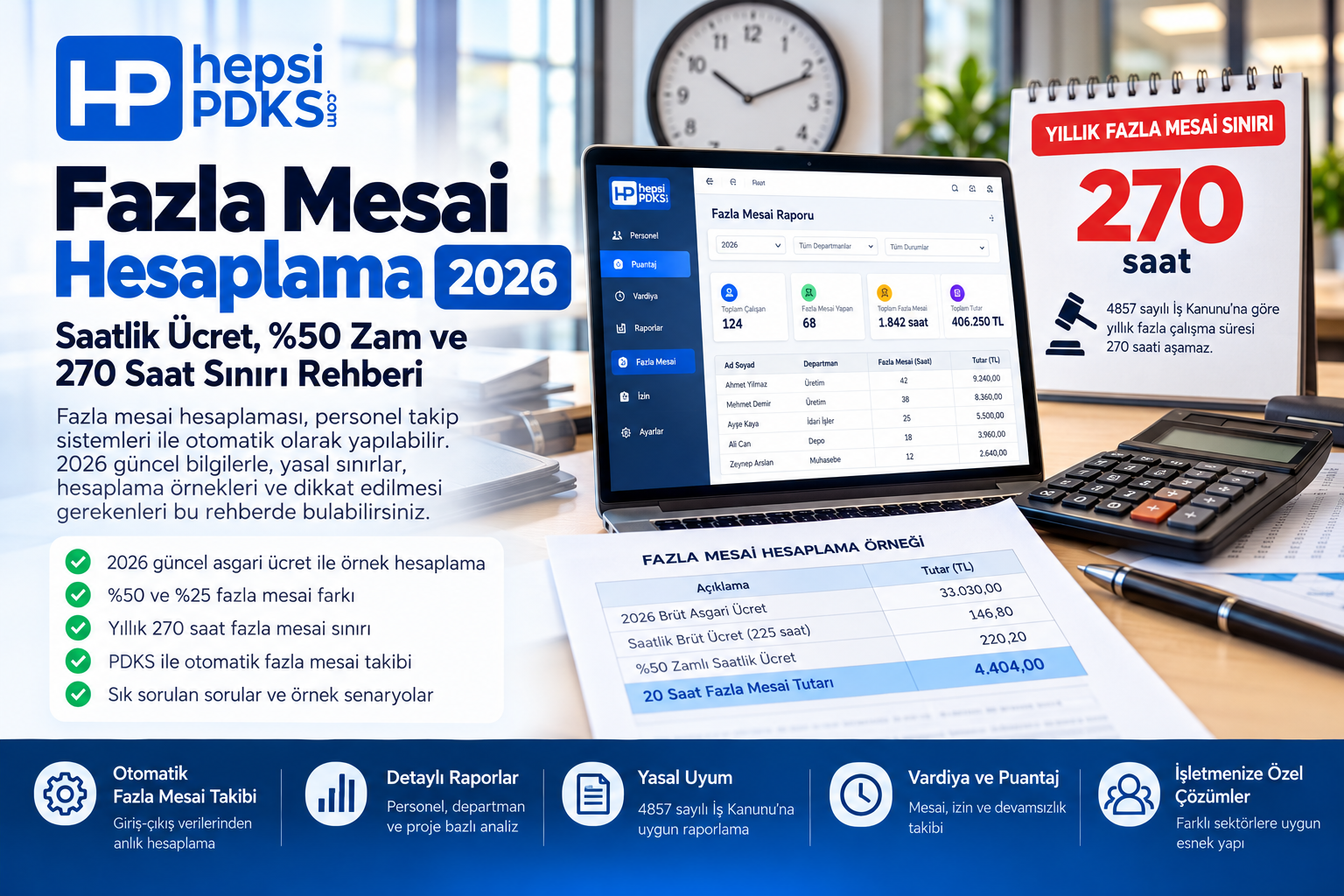 Fazla Mesai Hesaplama 2026 | Saatlik Ücret, %50 Zam ve 270 Saat Sınırı