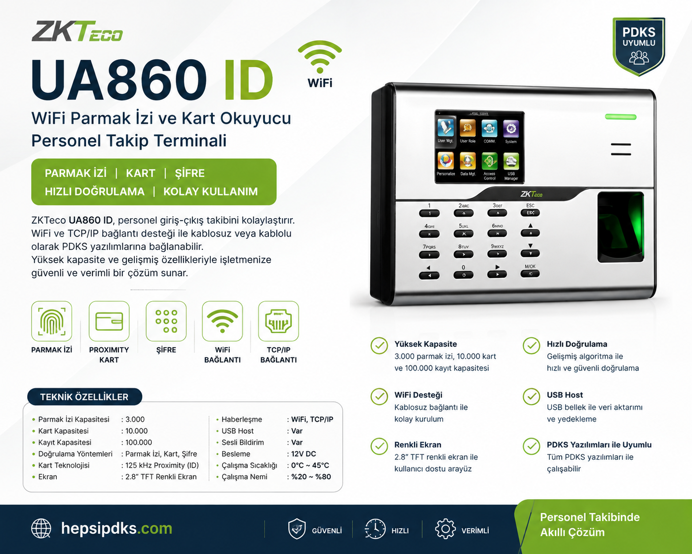 ZKTeco ZKTeco UA860 ID WiFi Parmak İzi ve Kart Okuyucu Personel Takip Terminali