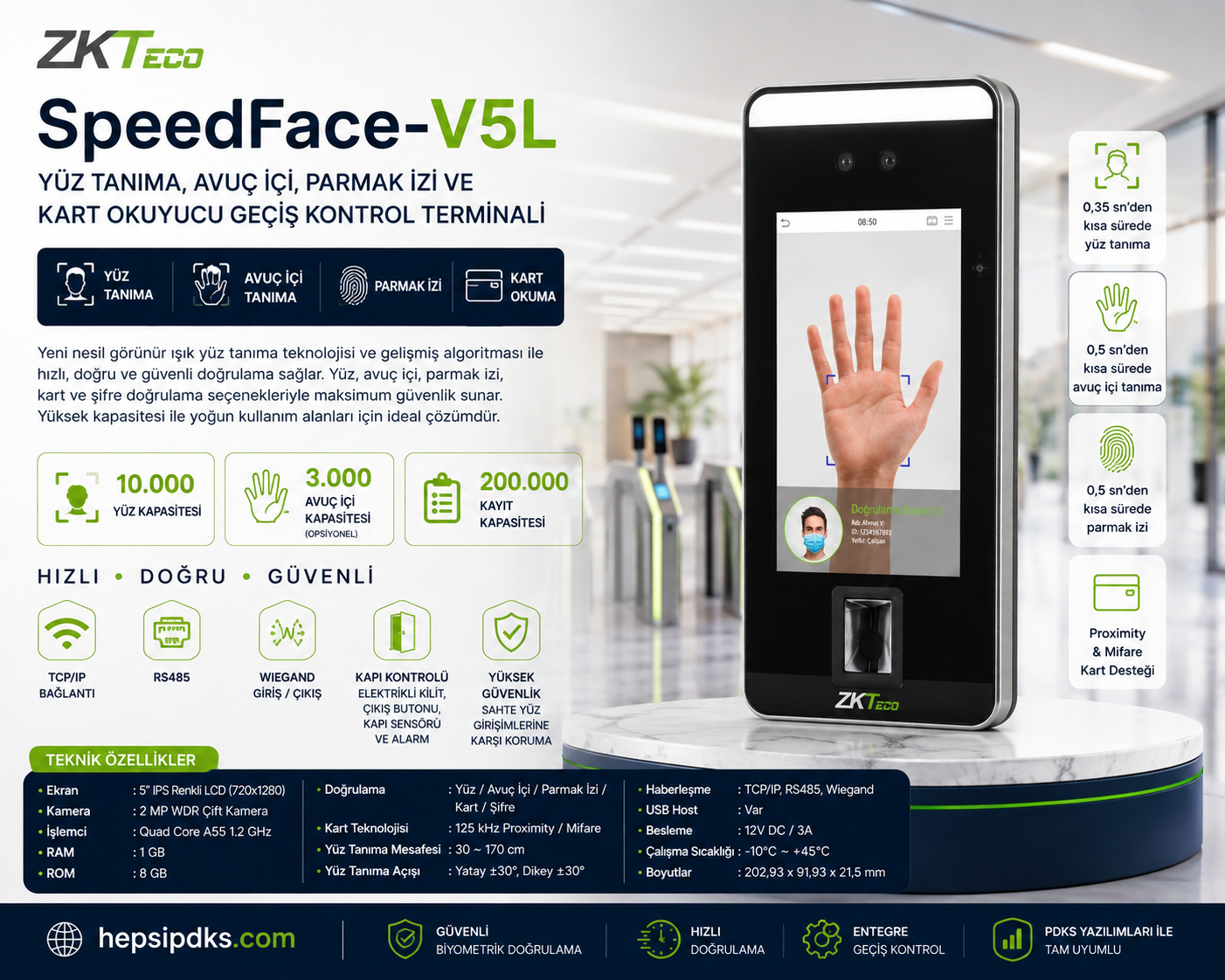 ZKTeco ZKTeco SpeedFace-V5L Yüz Tanıma, Parmak İzi ve Kart Okuyucu Geçiş Kontrol Terminali